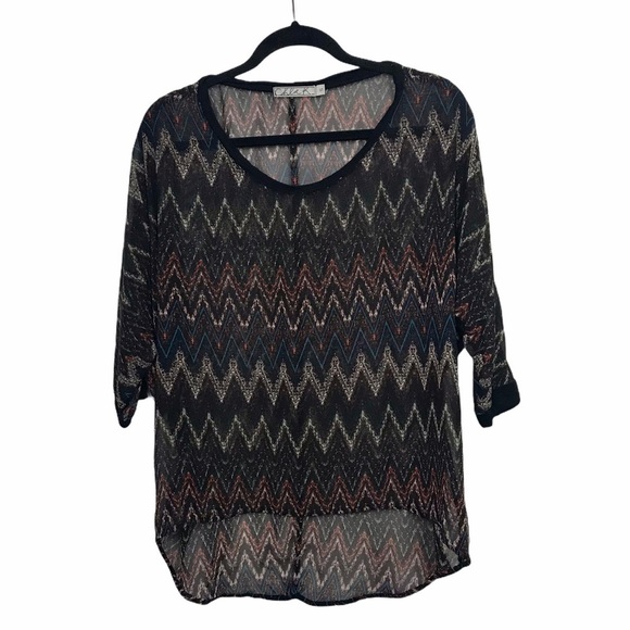 Chloe K Black Geo Print Sheer Blouse Top - Picture 1 of 7